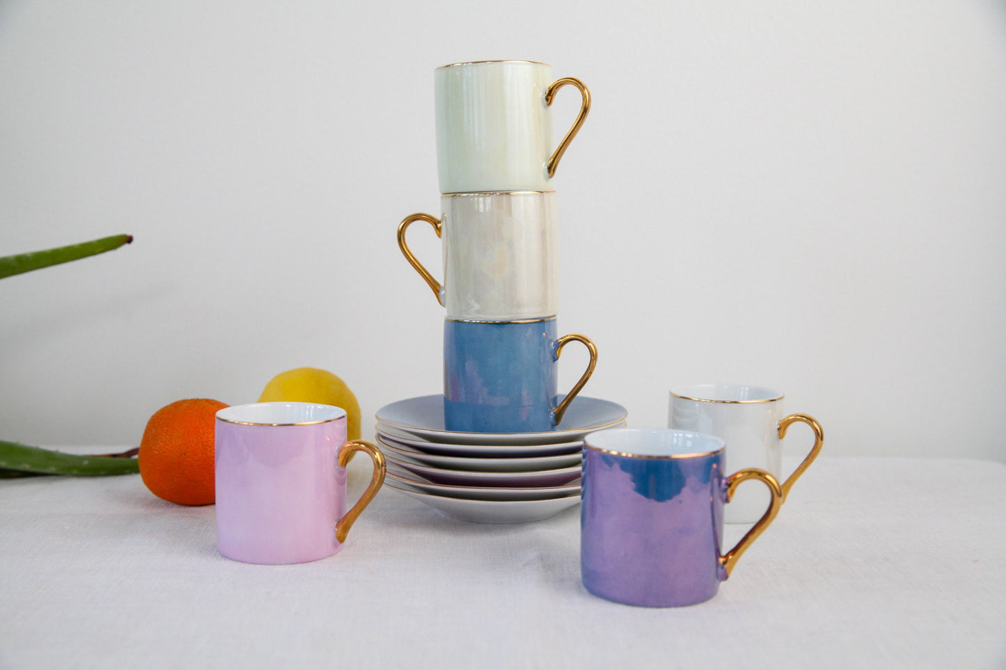 Set of six Art Deco / MCM espresso cups and saucers - Pearl lusterware iridescent glaze