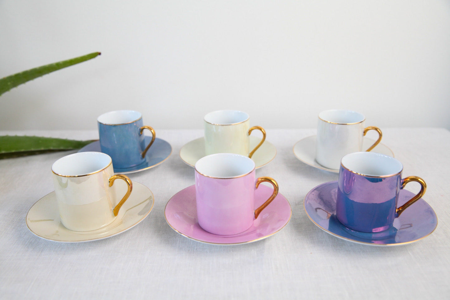 Set of six Art Deco / MCM espresso cups and saucers - Pearl lusterware iridescent glaze