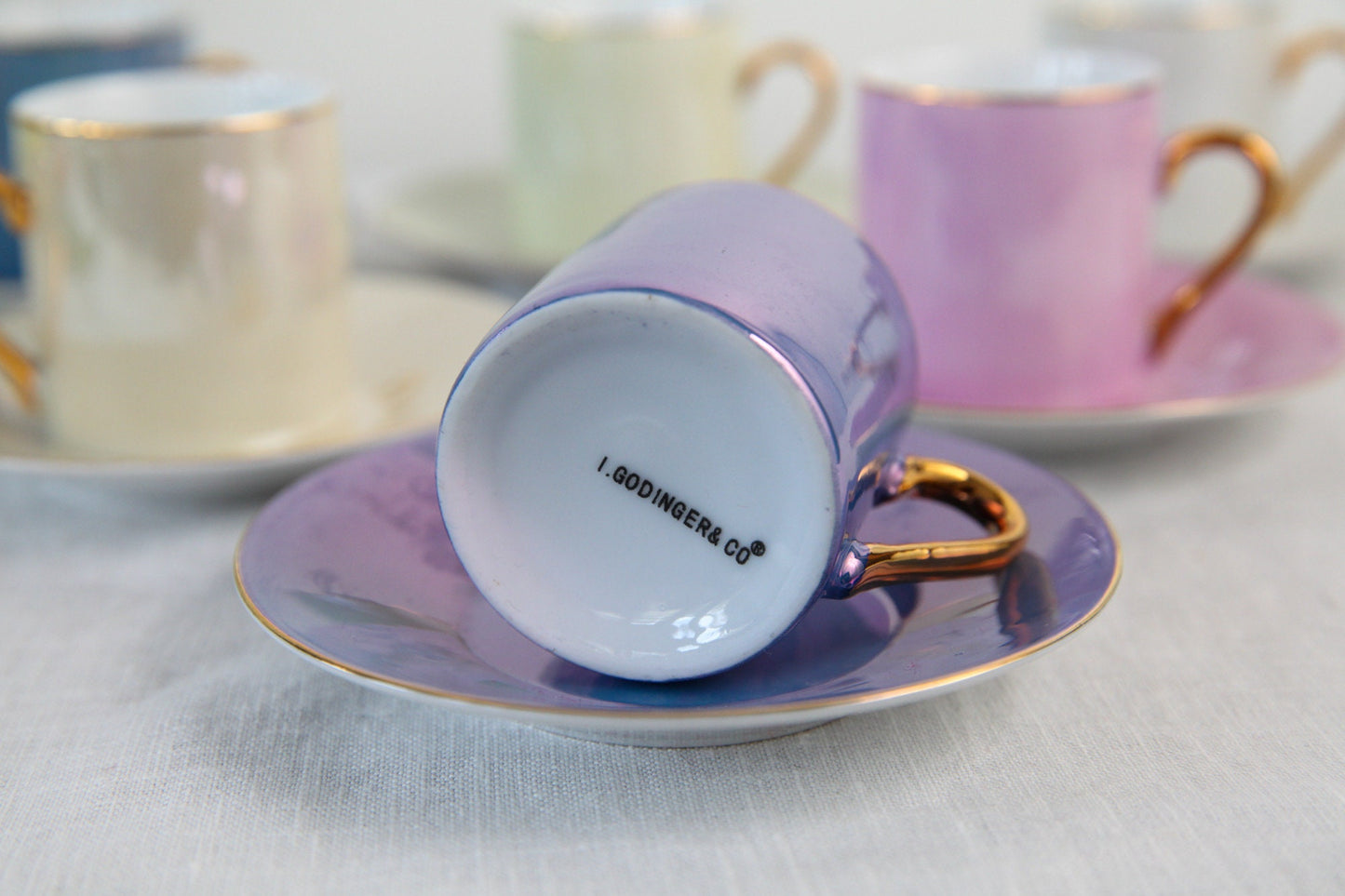 Set of six Art Deco / MCM espresso cups and saucers - Pearl lusterware iridescent glaze