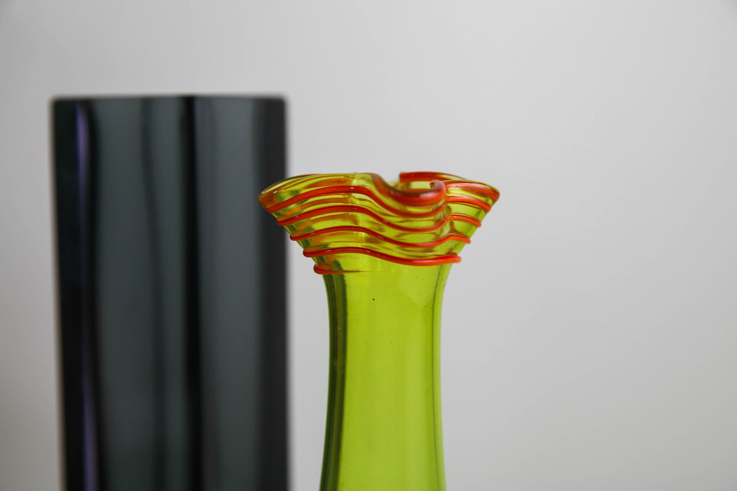 Delightful vintage citron green and red glass vase