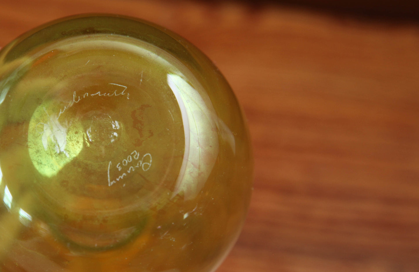 Delightful vintage citron green and red glass vase
